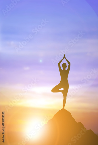 Silhouette woman practicing yoga on mountain peak at sunrise, mindfulness and balance concept