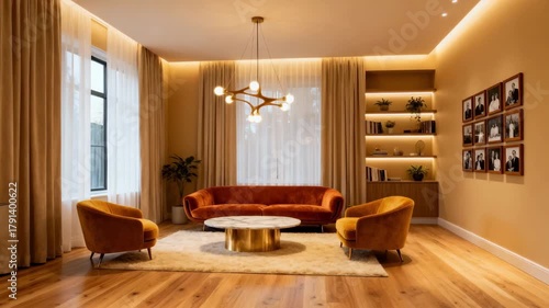 Renovated living space highlighting warm hardwood flooring and ambient lighting that enhances the rooms cozy and stylish appeal.