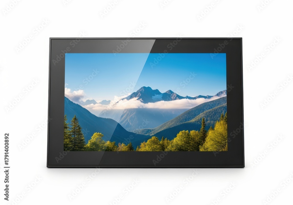 Fototapeta premium Rectangular digital display device showcases vibrant mountain landscape scene against white background