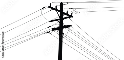 Electric power line pole silhouette, utility electricity wires connection, high voltage transmission structure, industrial energy distribution infrastructure illustration vector design