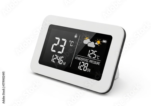 Digital weather station display shows temperature and atmospheric pressure readings against a white background