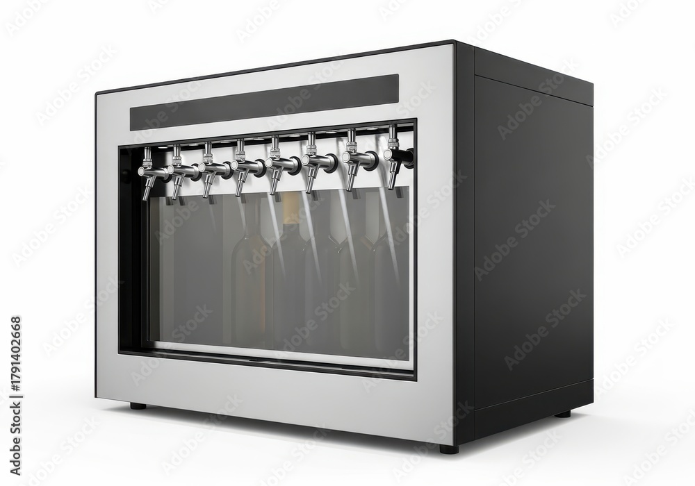 Fototapeta premium Commercial beverage dispenser featuring multiple metal spigots against a white background