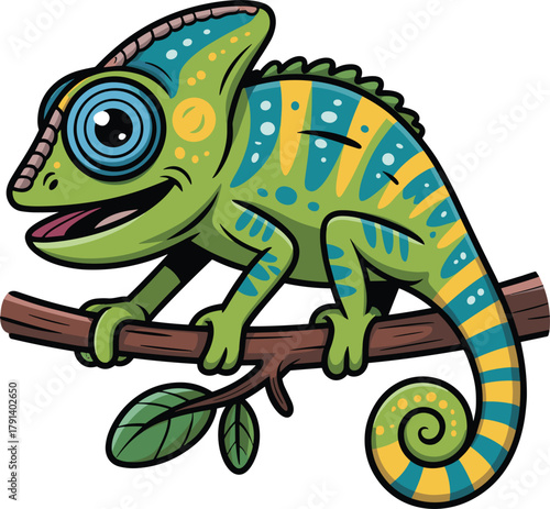 Cute cartoon chameleon sitting on tree branch, colorful reptile character illustration for kids design, playful animal artwork for merchandise graphics