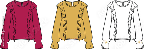 Fashionable long sleeve blouse design illustration, ruffle details, women clothing template variety, trendy garment sketch, apparel flat fashion drawing