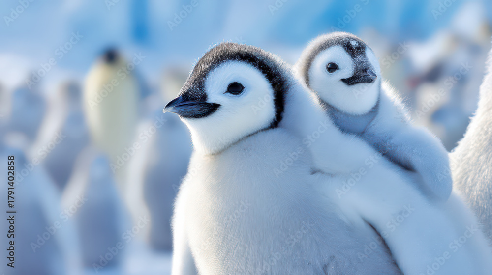 Obraz premium Cute penguin with chick on a beautiful winter day