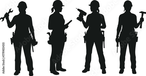 Female construction workers silhouette holding tools, industrial labor women teamwork, professional builders engineering concept, tradeswoman occupation workforce illustration vector