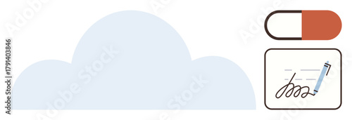 Cloud graphic paired with a pill and signed prescription represents innovative healthcare access, digital records, and simplified medical processes. Ideal for telemedicine, pharmacy, medical data