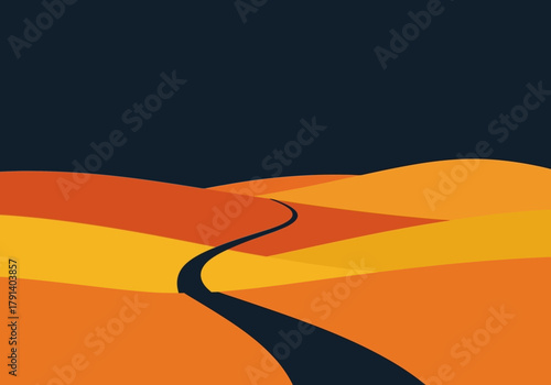 Stylized desert landscape with undulating orange and yellow hills and a dark winding road