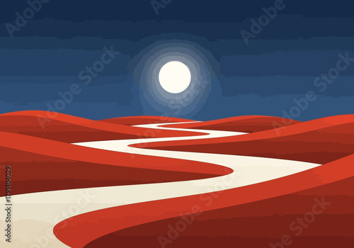 Stylized red desert dunes under a dark blue night sky with a bright haloed moon