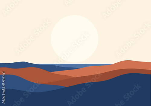 Abstract landscape with sun over layered blue and terracotta hills