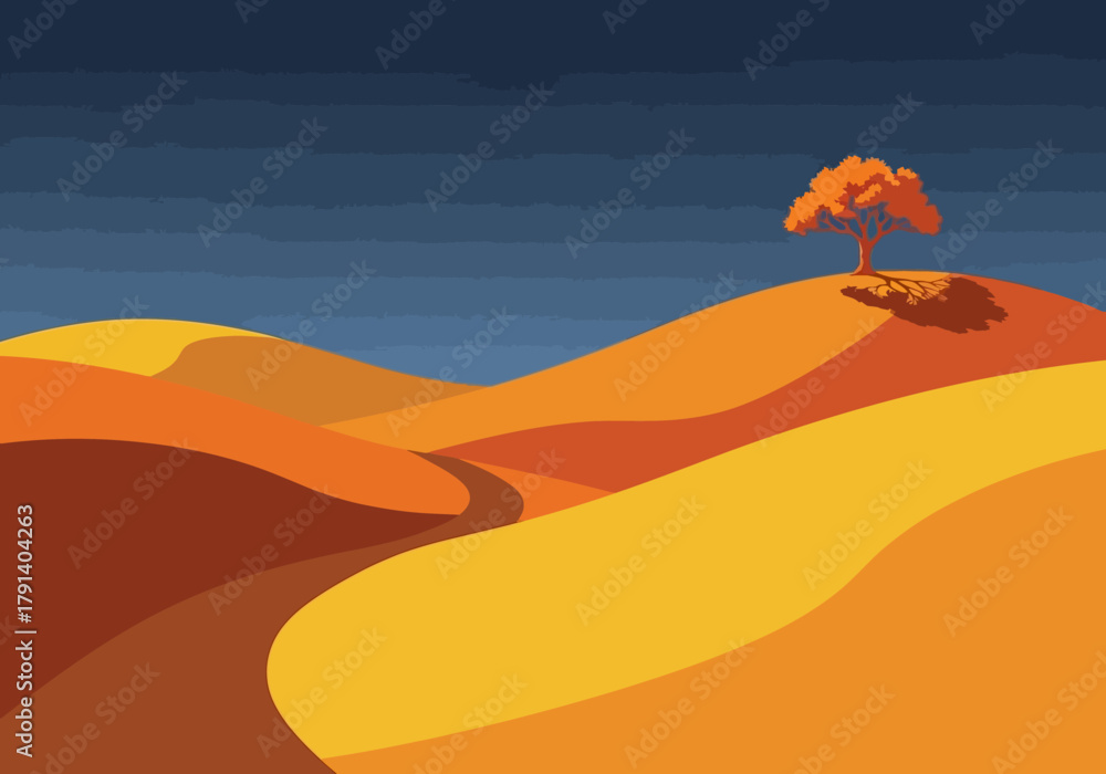 Fototapeta premium Stylized desert dunes with a single orange tree against a dark blue sky