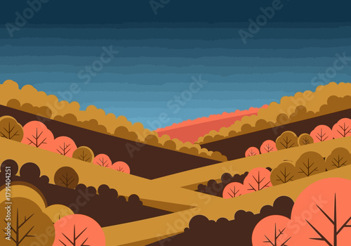 Stylized autumn landscape with rolling hills stylized trees and a dark blue sky