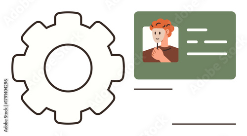 Gear alongside user ID card with photo and details, representing settings, customization, account management, data organization, preferences, digital identity, user profile. Minimal flat metaphor