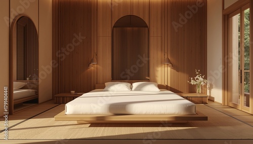 Bedroom japanese minimal style.,Modern room minimalist. 3D rendering 