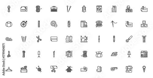 Sewing icon set. Vector illustration. Includes symbos for sewing machine, neede, thread, scissors, fabri, knitting, crochet, tailo, dressmaker and more.