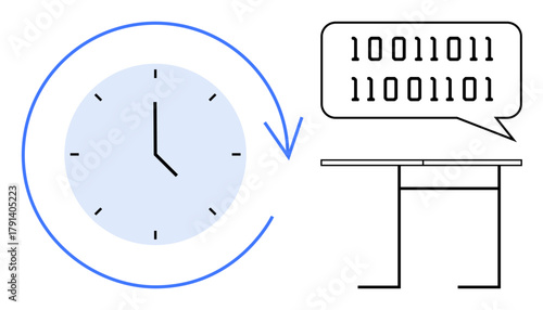 Clock with circular arrow, binary code speech bubble near a table representing programming, coding, time management, workflow efficiency, technology, data processing, and productivity. Ideal for time