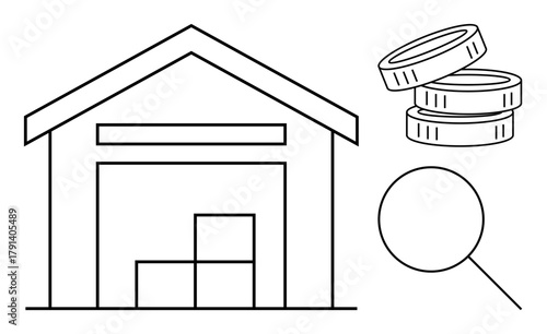 Warehouse with stacked boxes, coins illustrating costs, and magnifying glass focusing on analysis. Ideal for inventory management, supply chain, finance, logistics, ecommerce, auditing