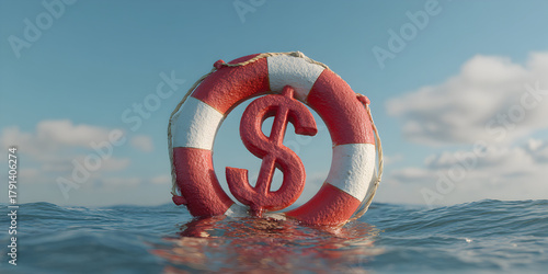 Dollar sign floats in a life preserver on the ocean, symbolizing financial safety and security during turbulent economic times.