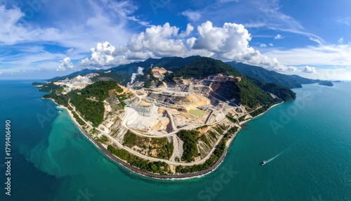 Conditions of Nickel Mining Views in Indonesia Accompanied by Beautiful Views of the Sky and Sea.