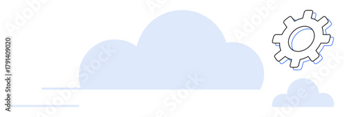 Large cloud with smaller cloud and gear in clean minimalist style. Ideal for cloud computing, technology, data storage, innovation, software development, IT systems, simple flat metaphor