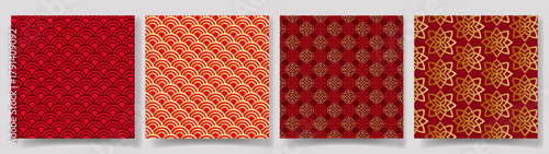 Set of traditional Chinese seamless patterns in red and gold tones. Includes wave, knot and floral motifs ideal for New Year design, festive decoration, packaging, textile and cultural projects.