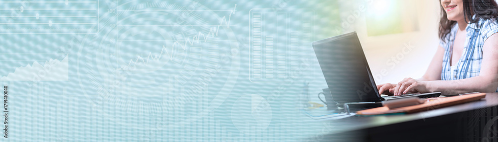 Fototapeta premium Young attractive businesswoman working on laptop, light effect; panoramic banner