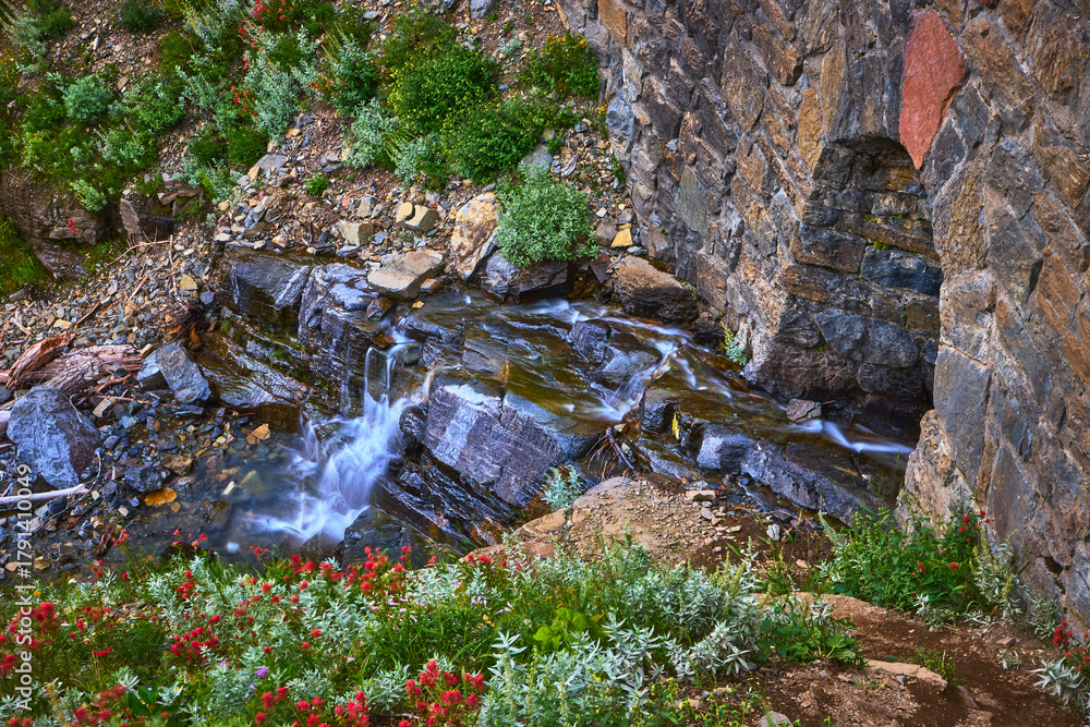 Obraz premium Mountain Waterfall Flowing Over Rocks With Stone Bridge And Wildflowers