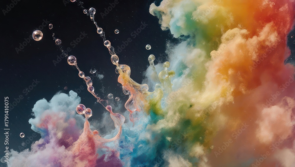 Fototapeta premium Colorful smoke and water droplets create a vibrant abstract composition.