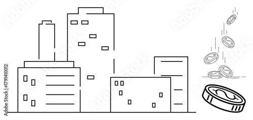 Modern cityscape with tall buildings and coins dropping, representing economy, business, real estate, banking, urban development, wealth growth, and financial success in a simple flat metaphor