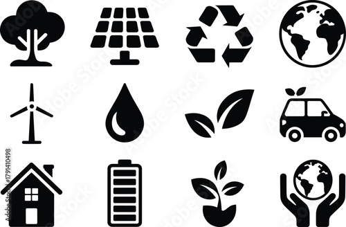 Eco and Sustainability Icons Set – Vector Symbols for Green Energy, Conservation, and Environmental Protection