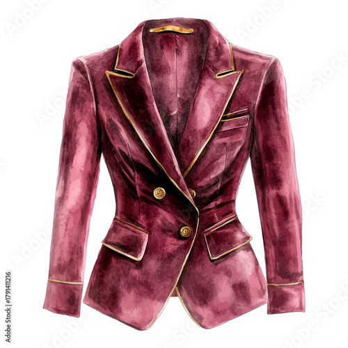 Watercolor Red Burgundy Velvet Double-Breasted Blazer with Gold Trim Vector

