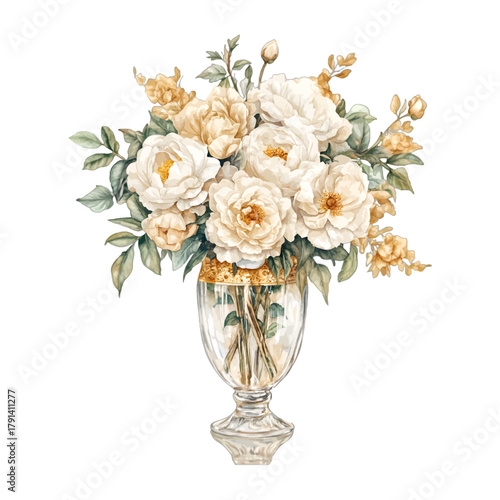 Watercolor Vintage White and Yellow Rose Floral Arrangement Vector Illustration
