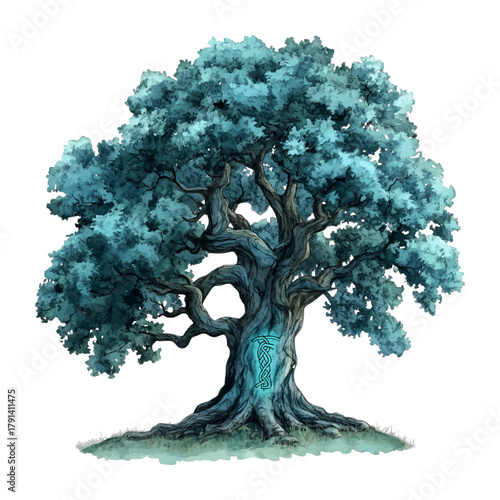 Watercolor Glowing Fantasy Magical Oak Tree Vector Illustration
