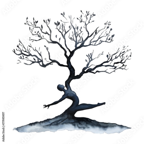 Watercolor Tree Silhouette with Person in Yoga Pose Vector Illustration
