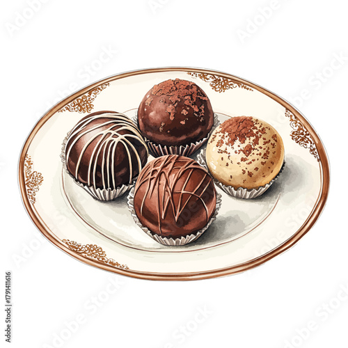 Watercolor Realistic Chocolate Truffles on an Ornate Plate Vector
