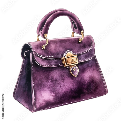 Watercolor Vintage Purple Velvet Handbag with Gold Clasp Vector Illustration
