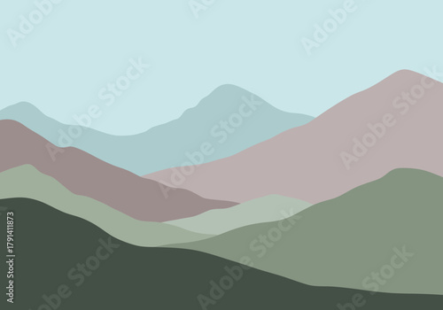 Layered stylized mountain landscape illustration with muted blue pink and green tones