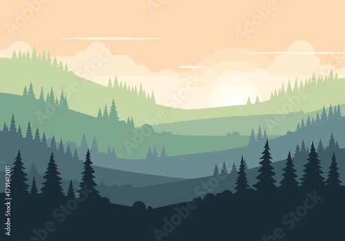 Layered vector landscape illustration of rolling hills and evergreen forest at sunrise