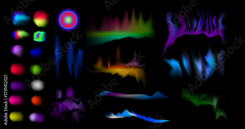  Watercolor halftone gradient mesh spots set, round shapes colorful brushes. Vibrant abstract gradient shapes and aurora neon lights on black background.Vaporwave gradeint. Vector illustration