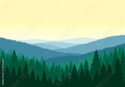 Layered vector landscape of dense evergreen forests stretching toward a pale yellow horizon