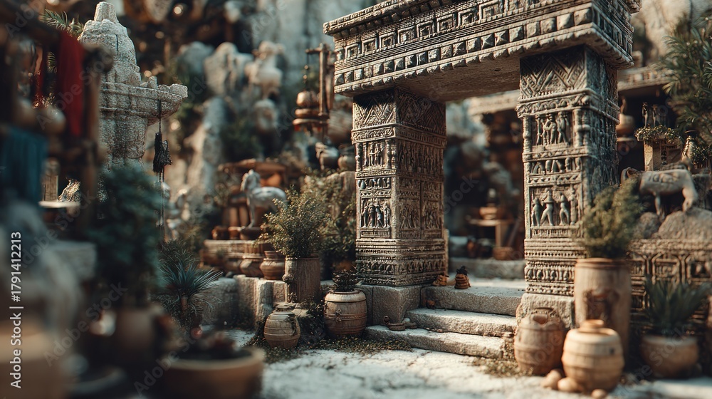 Obraz premium Ancient Sanctuary with Stone Archway and Sculptures Evoking Mystical Wonder