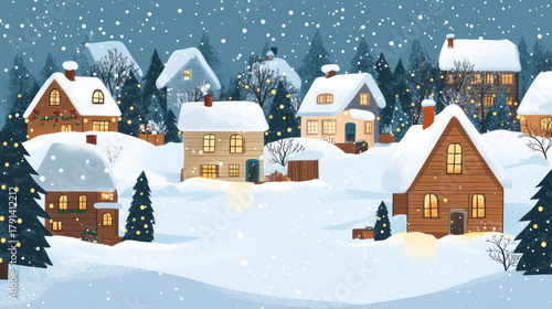 Cozy winter village scene with snow covered houses, twinkling lights, and a festive atmosphere, perfect for Christmas cards and holiday decorations.