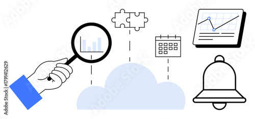 Magnifying glass examining data over cloud, linked to puzzle, calendar, bell, and chart, symbolizing analysis, problem-solving, time management notifications and performance tracking. Ideal