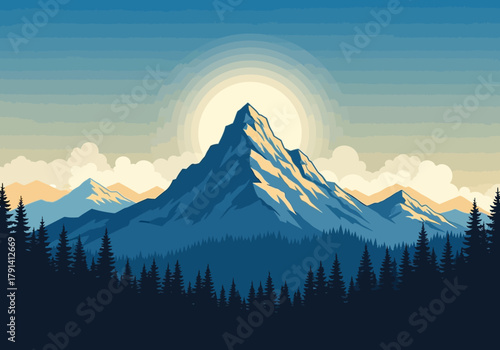 Stylized mountain landscape illustration with a rising sun over dark pine forest