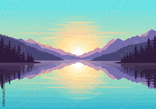 Stylized sunset over a calm lake reflecting purple mountains and dark pine forests