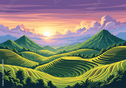 Vibrant stylized sunset over lush green rice terraces and rolling mountains