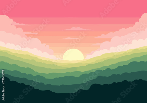 Layered green hills at sunrise or sunset with a pink and orange sky
