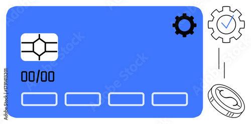 Blue chip-enabled payment card with a settings gear and falling coin, emphasizing fintech and secure transactions. Ideal for finance, payment, banking, e-commerce, technology, fintech, cashless