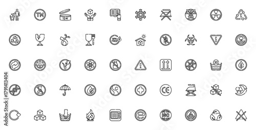 Packaging Symbols icon set. Vector symbol collection Includes Tidyman, Trademak, Recycling, Fragile, Toxc, Biohazard, Warning, Bioegradable, Microwave and mre.