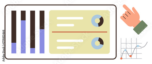Data dashboard with interactive charts including bar, pie, and line graphs, and a hand pointing at elements. Ideal for analysis, business, presentation, strategy, statistics management simple flat